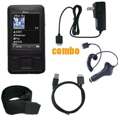 6 Piece Value Combo Accessory Bundle Kit: Black Silicone Skin Case Cover + Car Charger + Travel Charger + USB Data Sync Cable + Armband + Belt Clip for Sony Walkman A726/A728/A729 Series MP3 Player