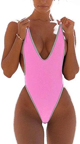 JBENG Women Monokini Retro Thong One Piece Swimsuit Deep V High Cut Sexy Cheeky Swimwear Semi Thong Bikini
