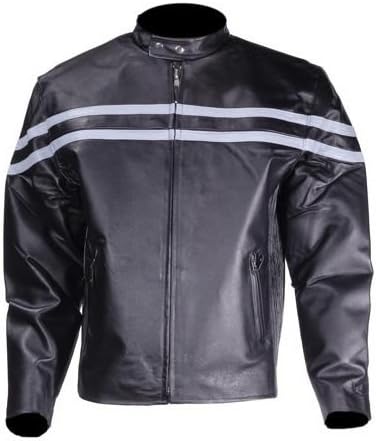 Mens Vented Leather Motorcycle Jacket Gray Racing Stripes (Size M, MD, Medium, 40-42)