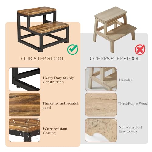 Wooden 2 Step Stool, Stool with Non-Slip Feet, Home Stair, 38 x 35 x 38 cm