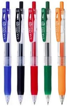 Zebra Sarasa JJ15 Blue, Black, Red, Green and Orange 0.5mm Gel Ink Pens (5pcs) - Assorted