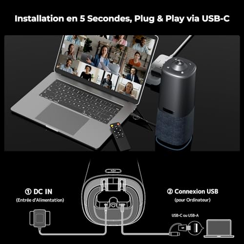 Nuroum 360 Pro Webcam avec Microphone et Haut-Parleur, Caméra de Vidéoconférence Tout-en-Un Grand Angle, 3 Modes IA, Cadrage Automatique,6 Micros Antibruit, USB Plug & Play pour PC/Zoom/Teams,Gris
