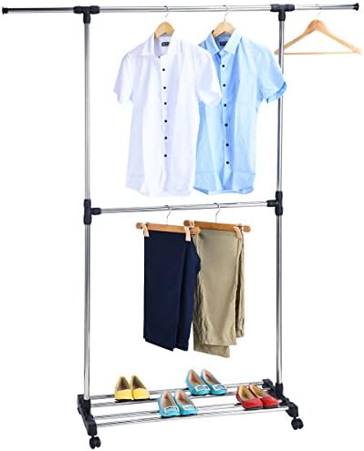 HAPPIFE Double Rods Garment Rack with Adjustable Rails,Commercial Grade Clothes Drying Rack,Stainless Steel & Chrome with Wheels,with Gloves for Free Gift