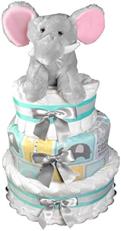 Elephant Diaper Cake for a Boy - Baby Shower Gift - 3-Tier Centerpiece Mint and Gray