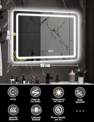 SAGIWO Espejo de Baño LED Cuadrado de 90 * 70 cm, Espejo Inteligente para Baño Antivaho con Luz Ajustable,Iluminado en 3 Colores con Espejo de Pared Horizontal,Botones Táctiles