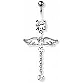 Pierced Owl 14GA 316L Stainless Steel CZ Crystal Angel Wings with Dangling Chain Belly Button Ring