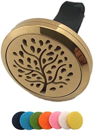 Car Fragrance Diffuser Essential Oil Vent Clip Air Freshener Gold Plated Hypo-Allergenic Stainless Steel Tree of Life Portable Aromatherapy Pendant Gift Box Set (Tree of Life)