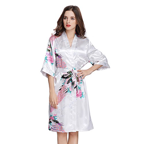 Amzchoice Women's Short Sleeve Kimono Robe Peacock & Blossoms for Spa, Wedding Bridal and Bridesmaid (L, White) - Thumbnail 5