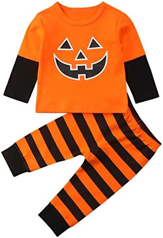 Newborn Baby Girl Boy Halloween Outfit Pumpkin face Printed Top Long Sleeve T-Shirt + Striped Pants 2Pcs Clothes Set