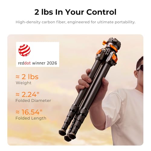 K&F CONCEPT 60"/153cm Carbon Fibre Tripod for Camera, 0.9kg Ultra-Lightweight Travel Tripod with ±18° Leveling 360° Panorama Head, Detachable Center Axis, Arca Type QR Plate, 10KG Load Capacity