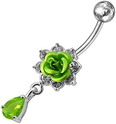 Light Green CZ Crystal Stone Rose in Flower with Teardrop Dangling 925 Sterling Silver Belly Ring Body jewelry