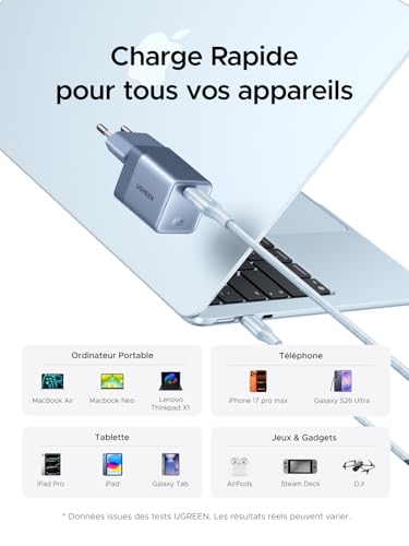UGREEN Nexode Air 65W Chargeur USB C Rapide GaNInfinity avec Câble Compatible avec iPhone 17 Pro Max 16 Plus 15 14 13 12 Galaxy S26 S25 S24 Pixel 10 9 iPad MacBook Neo Air Pro M5 M4 M3 M2 M1 (Bleu)