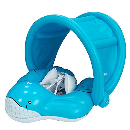 relaxing baby Inflatable Swimming Float Ring with Adjustable Sun Canopy Baby Swimming Pool Float with inflator Pump Anti-Slip Whale Shape Baby Floats for Pool