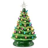 Brightown 13 Inch Ceramic Christmas Tree, Pre-lit Tabletop Christmas Tree with Multicolored LED Lights, Battery Operated Vintage Lighted Ceramic Tree for Home Office Table Holiday Decorations, Green
