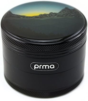 PRMA Herb Grinder with Pollen Catcher - Large 2.5 Inch 4 Piece, Lightweight Anodized Aircraft Grade Aluminum, Epoxy Sealed Design, Included Pollen Scraper and Carrying Pouch (Black)