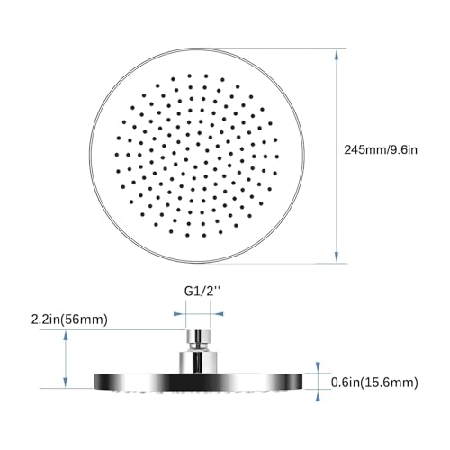 AiQInu Round Shower Head, 24.5 cm, Anti-Limescale Shower Head, Round High Pressure Shower Head in Stainless Steel 304, High Pressure Rain Shower Head