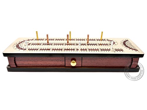 House of Cribbage - Continuous Cribbage Board Alphabet e Shape inlaid in Maple Wood / Bloodwood : Size - 12.5" x 4" - 3 Track - Separate Storage Space for Two Deck of Cards & Pegs