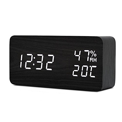 Digital Alarm Clock TISSA Wooden Alarm Clock Fashion Table Clock Led Desk Clock with Temperature Humidity, Voice Activated& Brightness Adjustable, Powered By Battery or USB for Bedroom Living Room