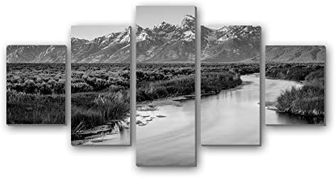 グランドティトン国立公園 自然 に夕日の光 白黒 5枚 パネル アートパネル 現代壁の絵 壁掛け部屋飾り背景絵画 キャンバス写真 壁アートしゃしん 木枠付きの完成品 装飾 軽くて取り付けやすい