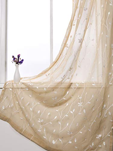 AmHoo Floral Leaf Embroidery Semi Sheer Curtain Rod Pocket Voile Sheer Curtains Set of 2 for Living Bedroom Window Treatment (Linen, 53 x 63) - Thumbnail 2