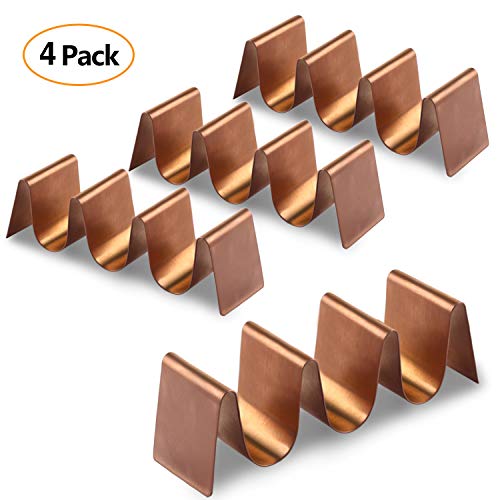 Buruis 4 Pack Mini Taco Holder Stand, Stylish 304 Stainless Steel Taco Rack, 6.3 X 1.8 Inch Tray-Hold up to 16 Soft or Hard Shell Taco for Home and Restaurants, Oven Grill Dishwasher Safe