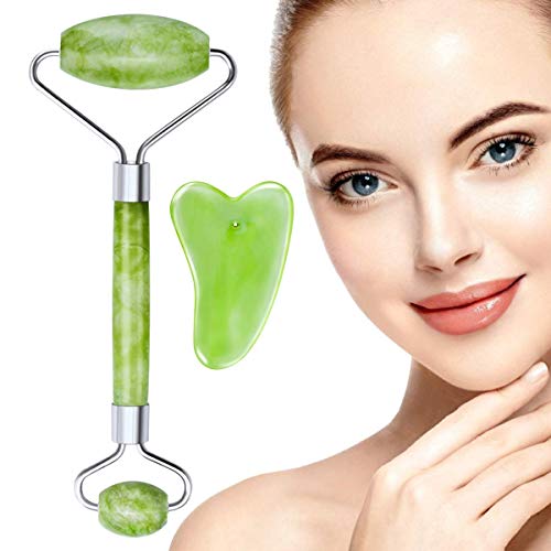 Jade Roller for Face - BONTIME Anti Aging Jade Roller & Gua Sha Tools, 100% Natural Authentic Jade Roller Facial Massager for Face, Eye, Neck, Body, Rejuvenate Skin & Reduce Wrinkles, Puffiness