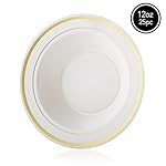 Elite Selection Pack of 25 Soup Bowls Disposable Plastic Plates Ivory Cream Color With Gold Rim 12 Oz.