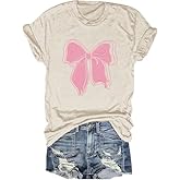 Women's Pink Bow Print Beige T-Shirt - Cute Casual Crewneck Tee with Floral Accents