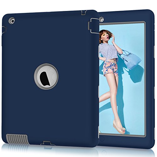 Hocase iPad 2 Case, iPad 3 Case, iPad 4 Case, Rugged Slim Shockproof Silicone Rubber+Hard Plastic Dual Layer Protective Case Cover for 9.7-inch iPad 2nd/3rd/4th Generation - Navy Blue/Grey