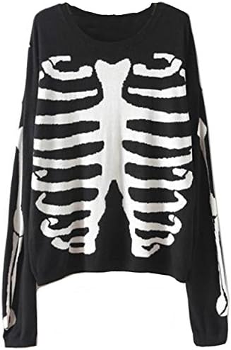 Women Autumn Skull Skeleton Bones Printed Casual Sweater Loose Pullover Blouse