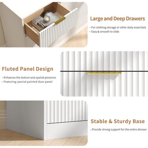 BAZELOR Dresser for Bedroom with 7 Drawer, 55” Wide White Dresser Modern Chest of Drawers with Metal Handle, Wooden TV Stand Storage Organizer for Entryway,Living Room, White