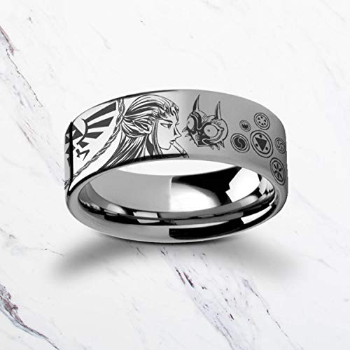 Engraved Zelda Mosaic Ocarina Links Master Sword & Shield Majora Tungsten Ring Flat Polished - 4mm to 12mm - Lifetime Size Exchanges