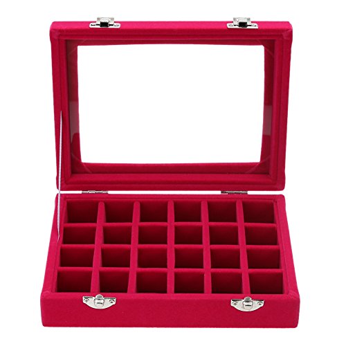 Jocestyle Velvet Glass Earrings Ear Studs Display Box Jewelry Holder Storage Organizer Case (01 24 Grids Red)
