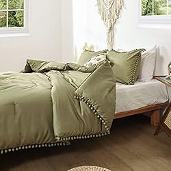Smoofy Pom Fringe Comforter Set Queen Size Olive