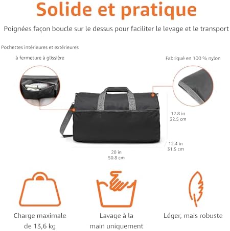 Grand Sac de Voyage Pliable en Nylon de 50,8cm pour Le Voyage, Rangement avec Poches Zippées, Capacité de 13,6kg, Noir