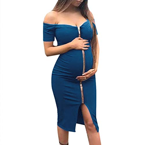 Iusun Women's Maternity Dress Off-Shoulder Sexy Zipper Solid Sundress Nursing Baby Breastfeeding Pregnants for Summer Daily Vacation Holiday