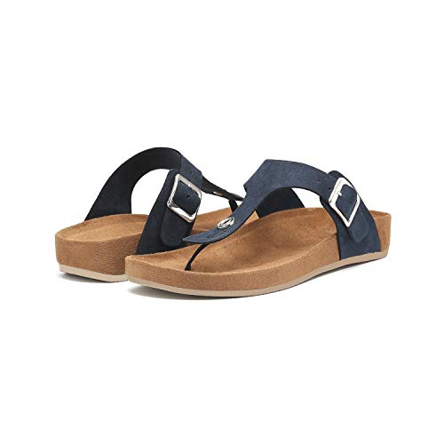 Women's T-Strap Thong Sandals Buckle Slip On Flip-Flops Beach Casual Platform Footbed Slippers (9, Navy)