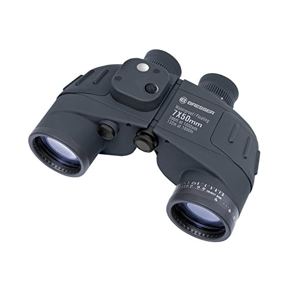 Bresser Fernglas Nautic 7x50 wasserdicht mit 360° Kompass, Strichplatte zur Entfernungs- und Größenberechnung, stickstoffgefüllt inklusive Bereitschaftstasche, Staubschutzkappen und Trageriemen