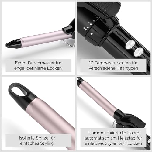 19mm Lockenstab – Satin Touch Beschichtung, 10 Heizstufen, professionelles Styling-Tool für definierte Locken, Schwarz & Pink, C319E