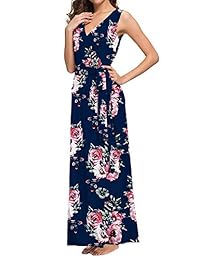 Bloggerlove - Vestido de verano sin mangas con estampado floral para mujer, maxi vestidos, casual, con bolsillos