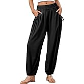 Dokotoo Women Linen Wide Leg Pants Casual Elastic Waist Lounge Palazzo Harem Pants with Pockets