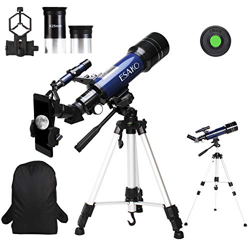 ESAKO Telescope for Beginners & Adults 70mm Astronomical Refractor Telescopes with Height Adjustable Tripod Backpack Phone Mount & Moon Filter & 3X Barlow Lens