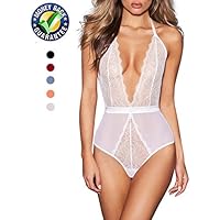 AnloveKiss Women Sexy Lingerie-Deep V Neck Backless Halter Teddy Bodysuit Perspective Lace Babydoll Underwear