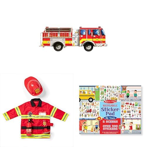 Melissa & Doug Fire Truck 24pc Floor Puzzle (4 feet), Fire Chief Role Play Costume Set & My Town 200+ Reusable Sticker Pad Bundle