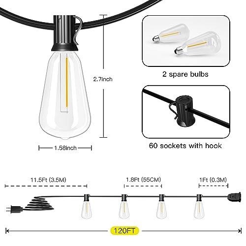 OHLUX String Lights for Outside,120FT Dimmable Outdoor String Lights with 62 Shatterproof ST38 LED Vintage Edison Bulbs,2200K Connectable Hanging Lights for Deck Porch Bistro Gazebos Balcony Garden