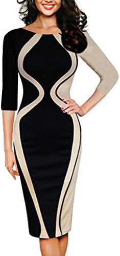 MABELER Women Colorblock Optical Illusion 3/4 Sleeve Cocktail Work Pencil Dress Apricot XL