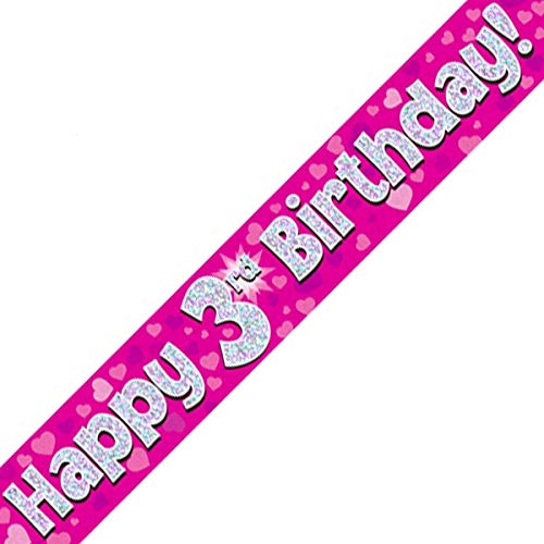 British Ballet® 3rd Birthday Banner Pink (2.7m x 13cm) • Sparkling Party Decoration • Age 3 Foil Pennant • 3 x 90cm Banners • Indoor & Outdoor Use • Pink Banner for Toddlers Girls & Boys