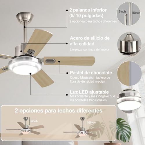 Ventilador de Techo con Luz LED 42" - Abanico de Techo Silencioso con Motor DC, 6 Velocidades, Aspas Reversibles (Madera/Plateado), Control Remoto, Ideal para Sala, Dormitorio u Oficina,5 aspas