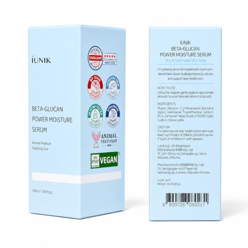 IUNIK Beta-Glucan Power Moisture Serum - Deep Hydration 1.69 fl oz | 7-Peptide Vegan Serum for Long-Lasting Hydration for Dry, Sensitive Skin