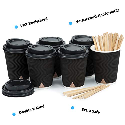 100 Schwarz Gewellt Pappebecher Coffee To Go 360 ml 12 Oz mit Deckel und Holz Rührstäbchen Zum Servieren von Kaffee, Tee, heiÃen und kalten Getränken – Bild 3